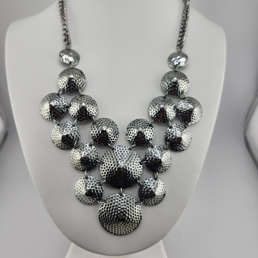 Hammered Silver Tone Bib Statement Necklace